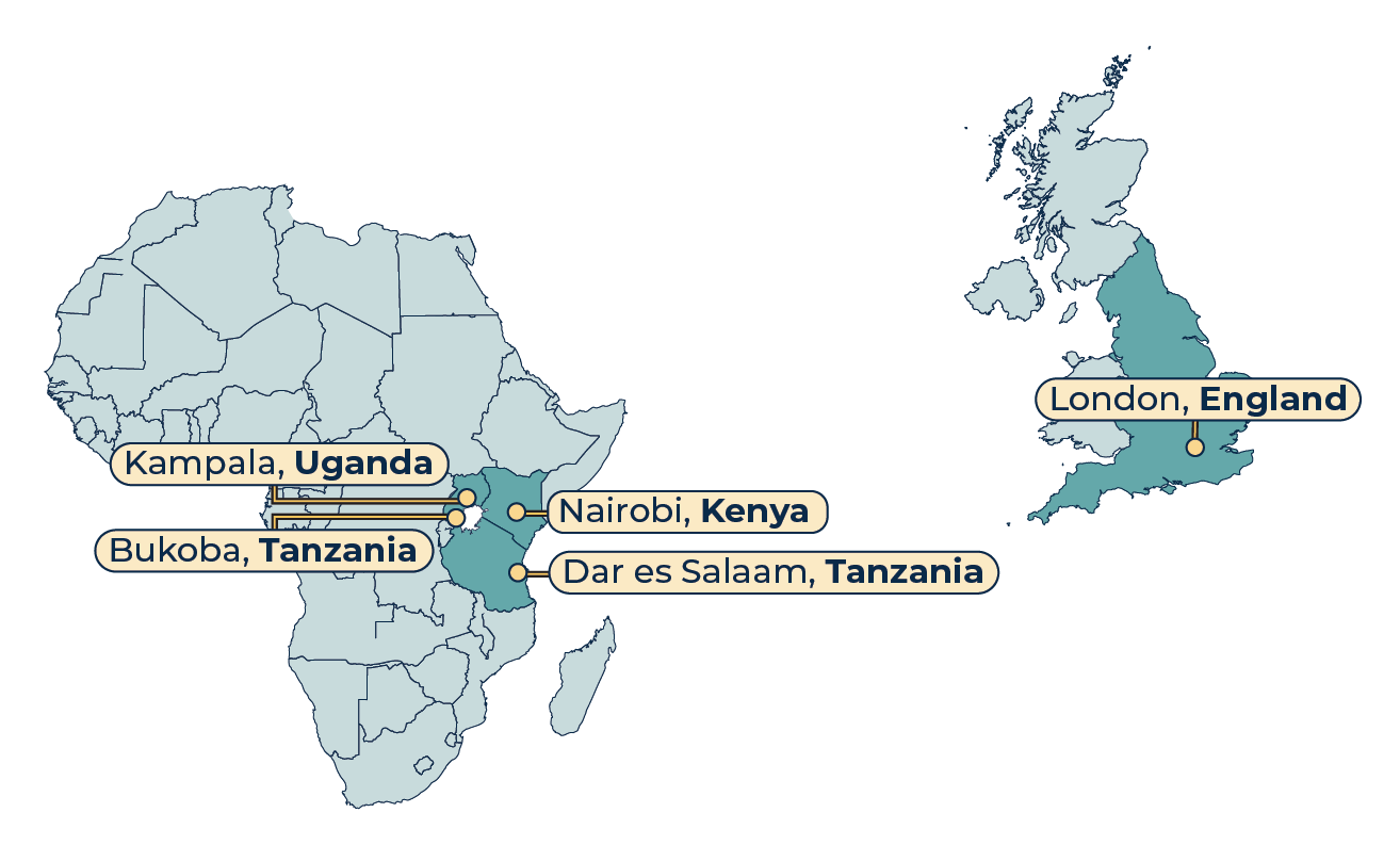 Maps of Africa and the UK with Kampala, Uganda; Bukoba, Tanzania; Nairobi, Kenya; Dar es Salaam, Tanzania; and London, England labelled. 
