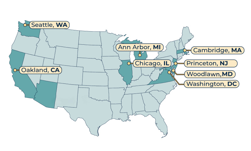 Map of Mathematica's U.S. office locations as of 2022