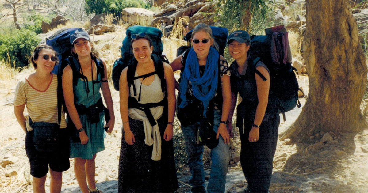 So (pictured on the far right) hiking with fellow Peace Corps volunteers in the Dogon Country of Mali in 2000