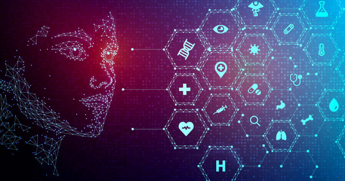 Image of a face made with data points and various health icons to the right