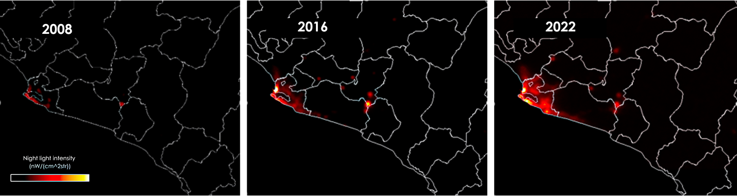 Night light intensity in 2008, 2016, and 2022