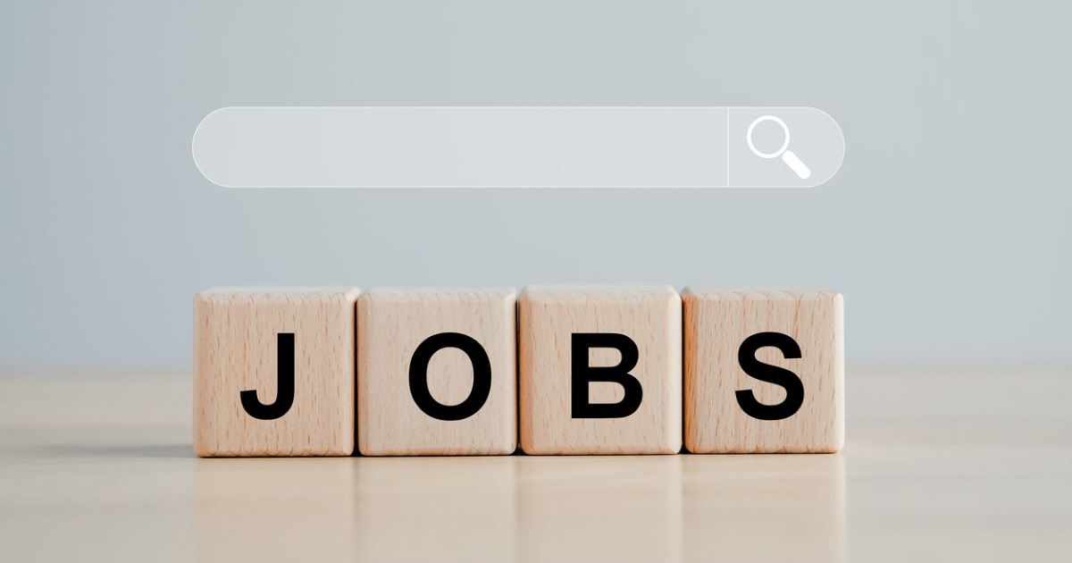 A search engine bar with tiles spelling the word jobs below