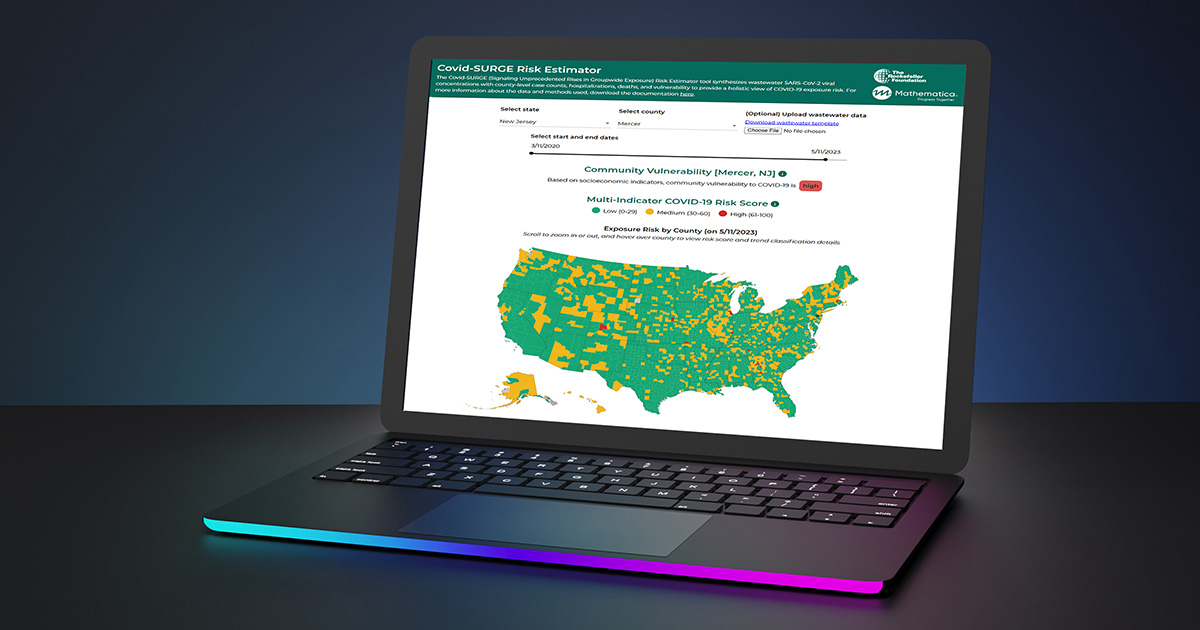 Laptop with the Covid-SURGE toolkit displayed, showing a map of the United States