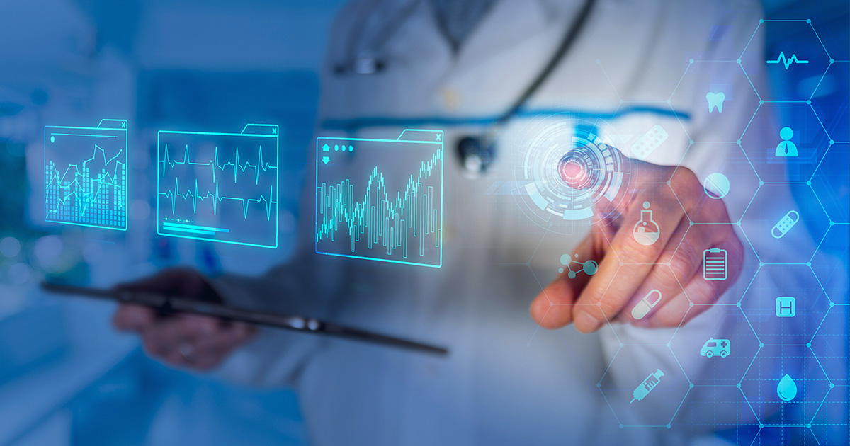 Close up of doctor using transparent screen showing files