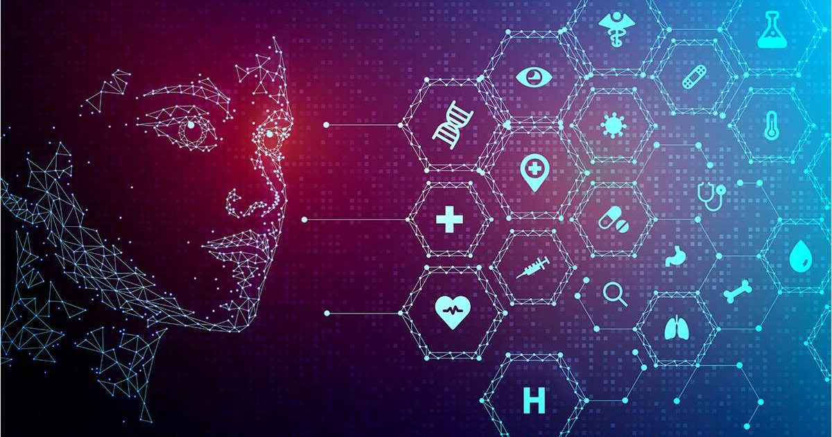 A graphic of a person look at digital data icons