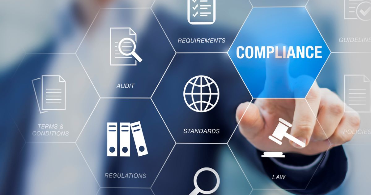 An image with icons showing different facets of compliance