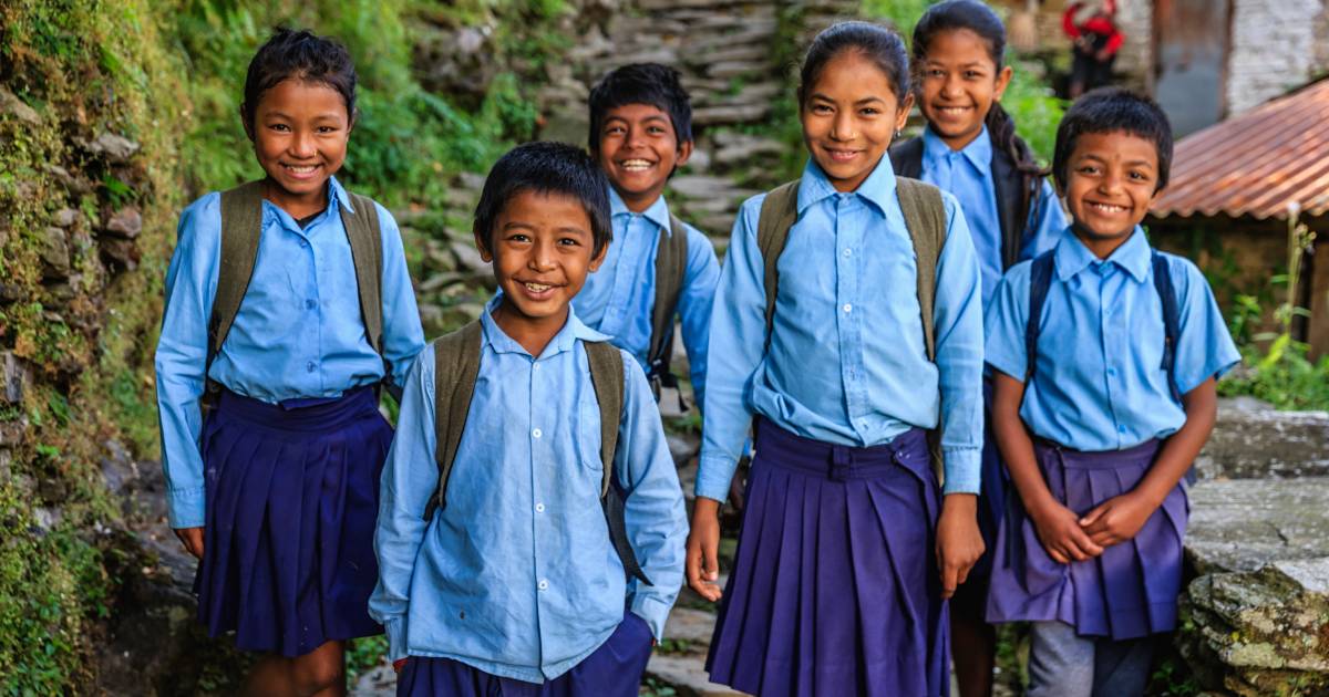 Nepalese school children standing outside