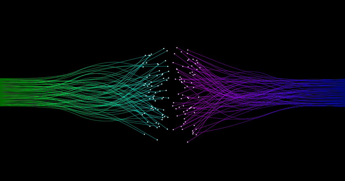 Green and purple fiber optic cables coming together