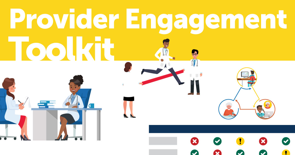 "Provider Engagement Toolkit" and illustrations of various medical providers. 
