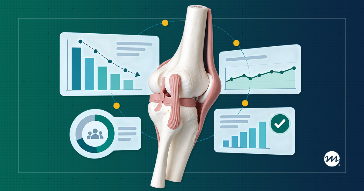 Medical infographic showing a detailed knee joint anatomy model surrounded by analytics charts, icons, and a green checkmark.