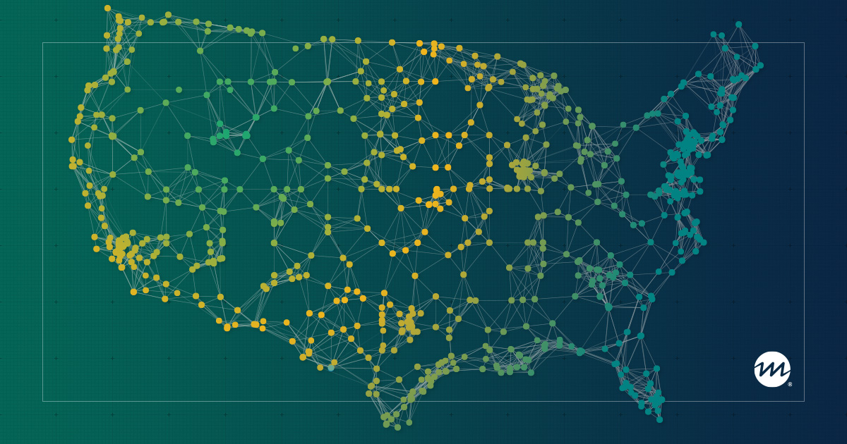 Map of the United States with interconnected yellow and green dots forming a network