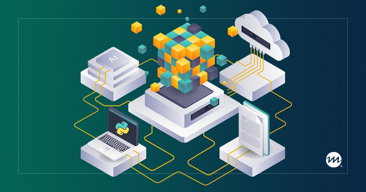 Isometric illustration showing a central server connected to a laptop with Python logo, a cloud server, an AI chip, and a document on a dark green to navy gradient background.