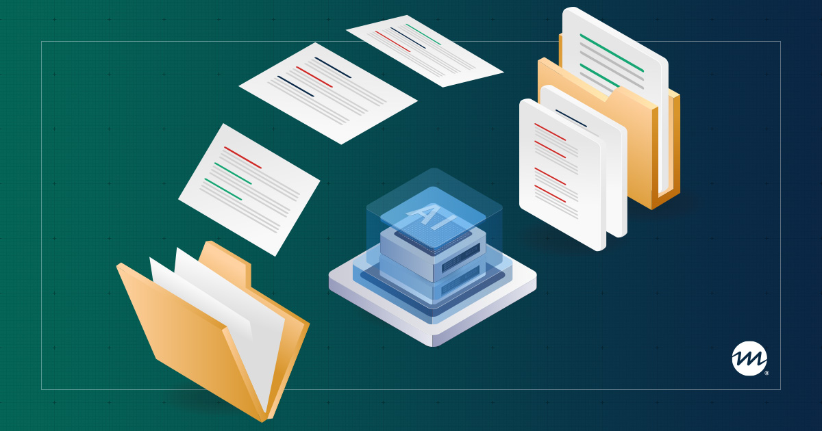 Isometric illustration of an AI document management system, with folders, floating papers, and stacked files surrounding a glowing AI hub.