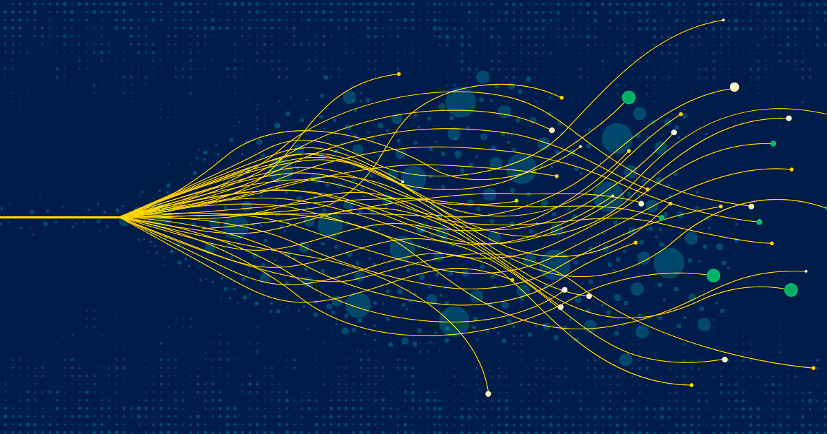 A single yellow line branches out into many curved paths against a dark blue background
